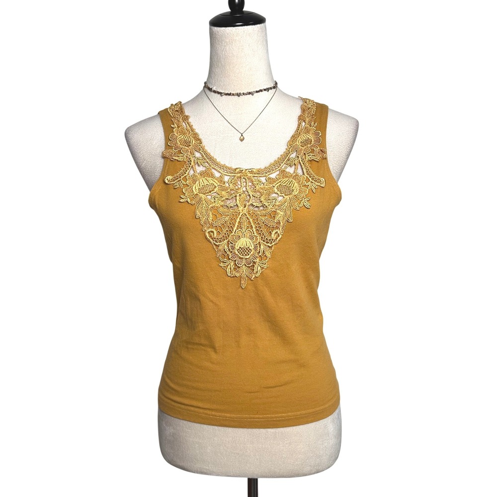 Kay Celine Mustard Yellow Boho Lace Crochet Applique Tank Top Size 2 Large